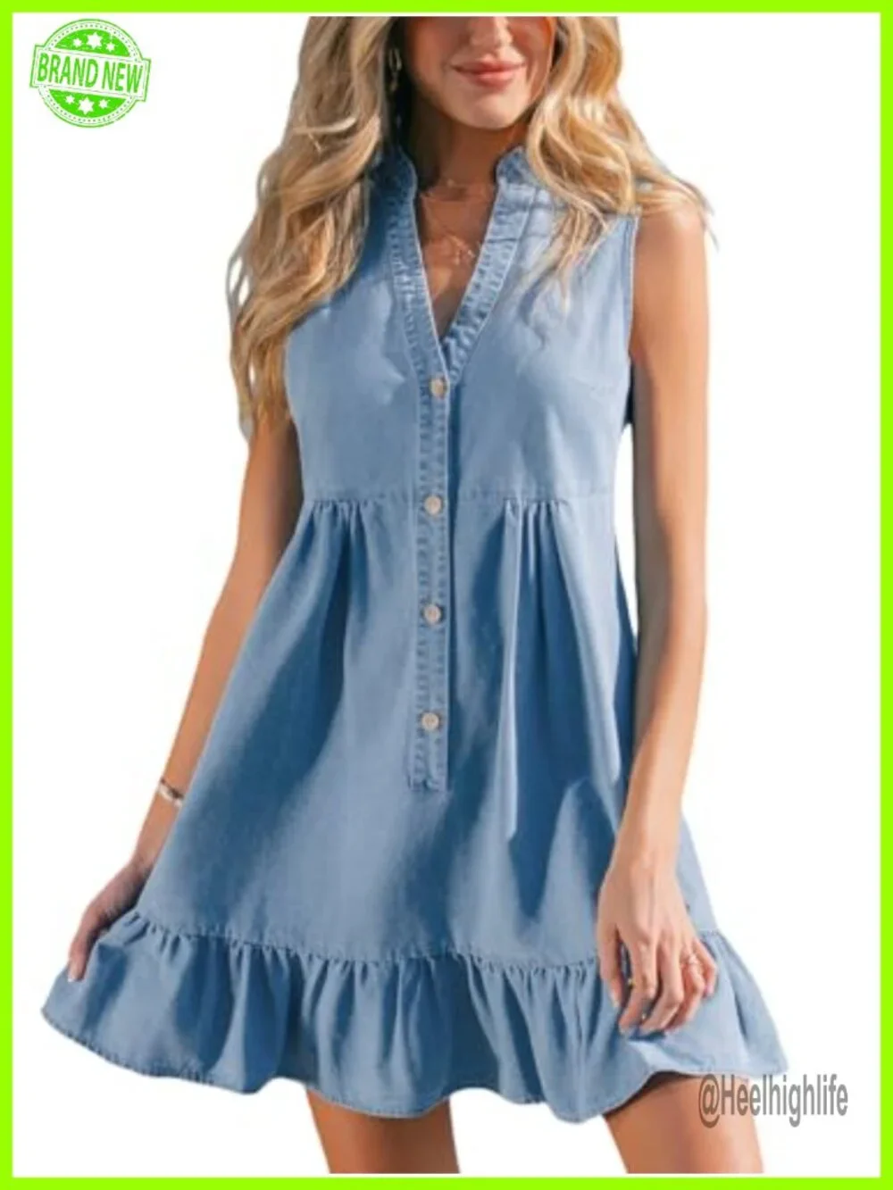 Sleeveless Ruffle Hem Mini Denim Dress with Front Buttons
